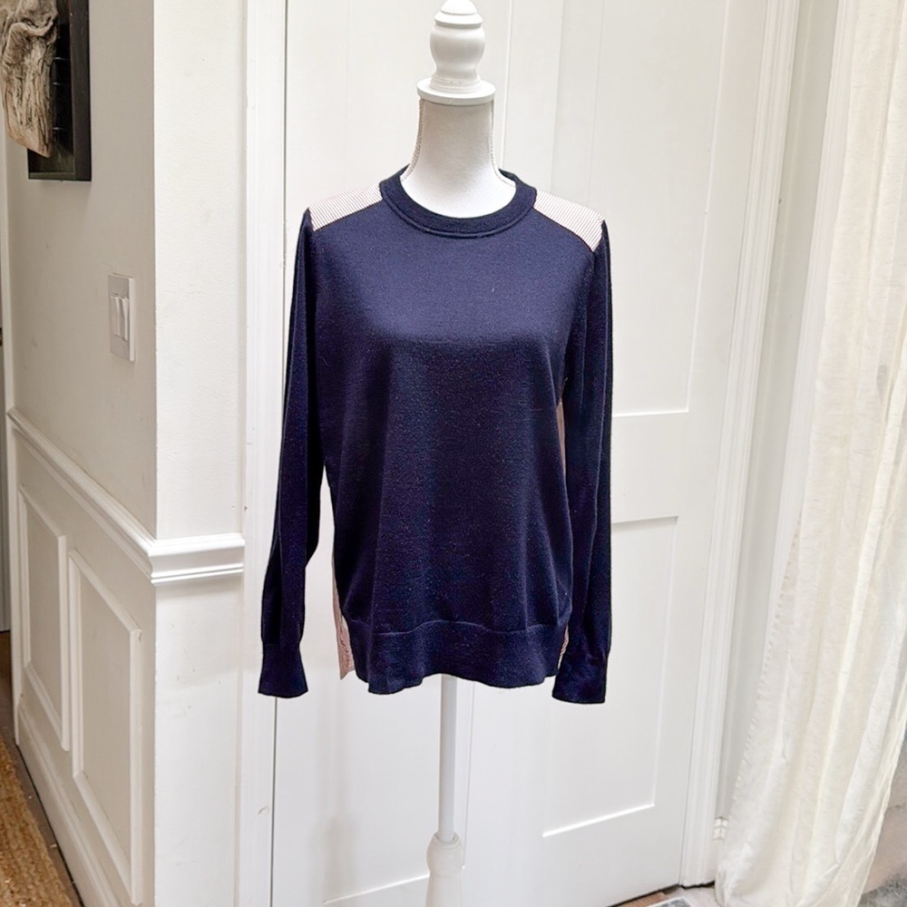 J Crew Womens Navy Pink Mixed Media‎ Merino Wool Sweater Shirt Back M Classic - Picture 2 of 11